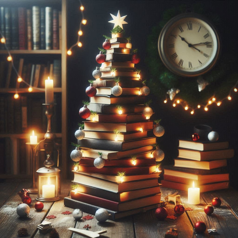 Árvore de Natal de Livros, luzes e enfeites de Natal.