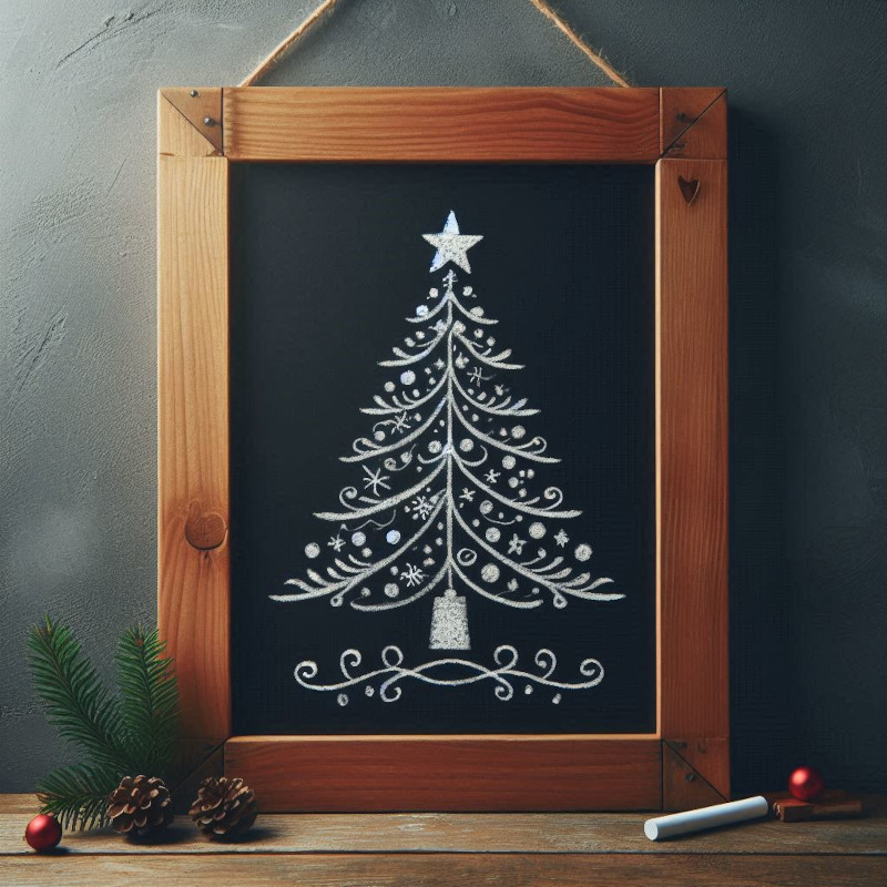 Árvore de Natal desenhada num quadro de giz em cor branca.