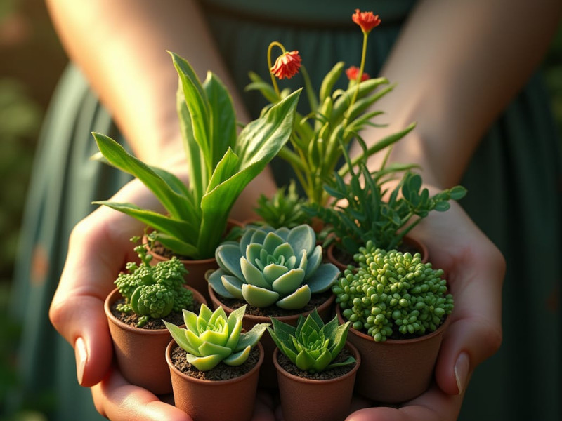 Imagem de IA com mãos de mulher a segurar pequenos vasos com plantas verdes para propagar.