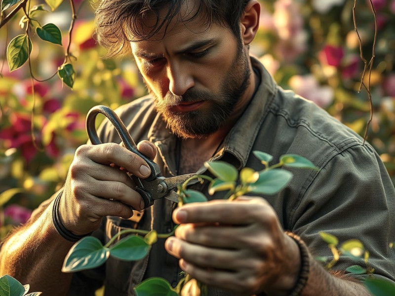 Imagem de IA com homem atraente de barba a segurar tesoura de jardinagem na mão a cortar caule de planta verde.