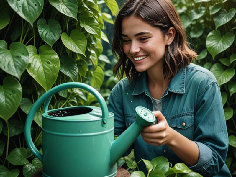 Imagem de IA com mulher de camisa verde, rodeada de plantas verdes, a olhar para regador com água.