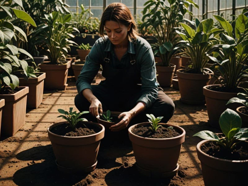 Imagem de IA de mulher sentada num jardim interior a transplantar plantas em vasos com terra.