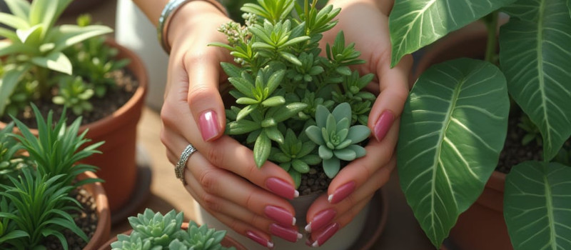 Imagem de IA com mãos de mulher de unhas pintadas de cor-de-rosa a segurar vasos para propagar plantas.